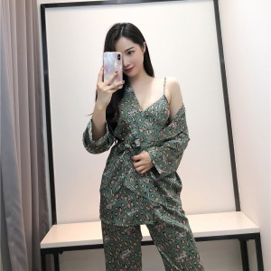 2021 leopard print pajamas women’s three-piece home ice silk suit