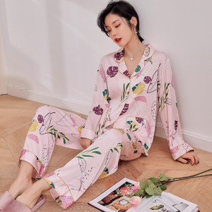 2021 new women’s pajamas set ice silk long-sleeved trousers thin home service