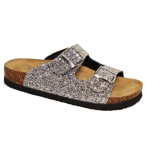 Classic Summer Women Glitter Two Strap Flat Cork Sandal