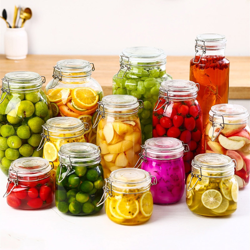 Glass Storage Bottle Jars with Glass Lid Factory Produced Kitchen Food Transparent