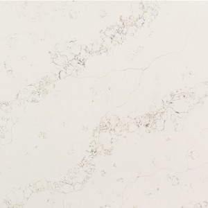 Calacatta Quartz Stone blaaie wit dubbelkleur agtergrond met ryk bruin blomme aar na boekpas-toonbank