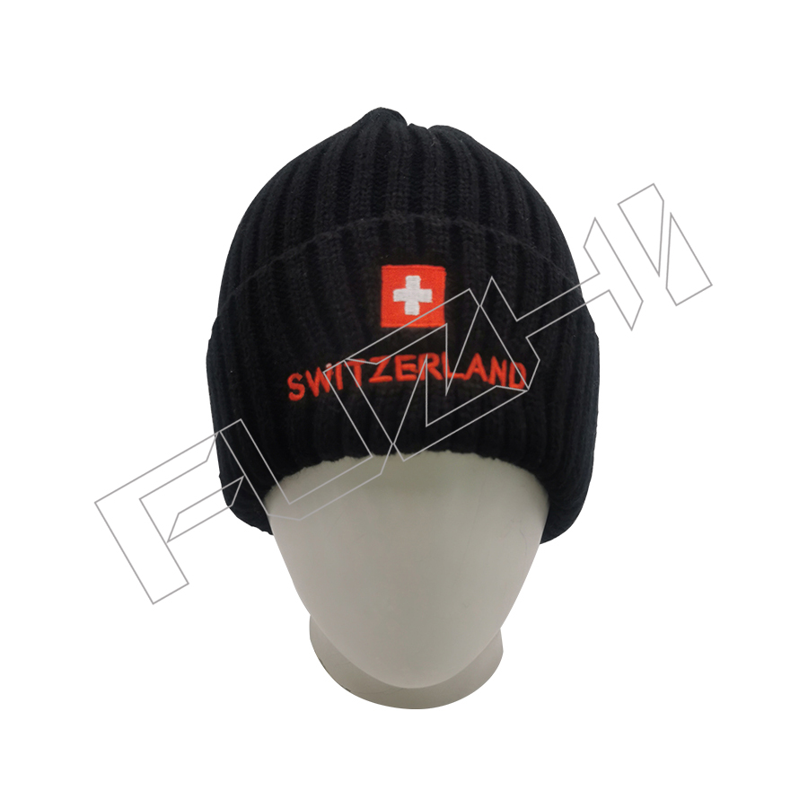 Flat Embroidery Acrylic Knitted Beanie