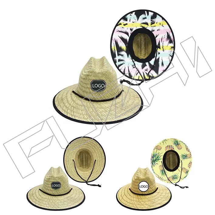 Patrón de impresión de logotipo bordado natural de moda vaquero, pesca al sol, ala ancha, sombreros de salvavidas de palla personalizados por mayorista de playa