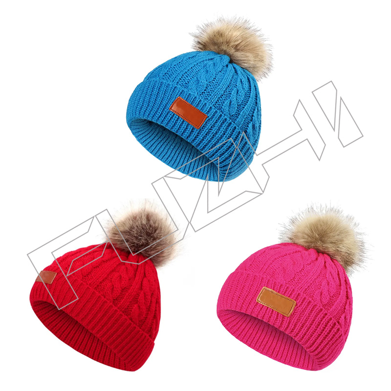 Hot Sale Custom Logo Knitted Knit Cap Beanie Hat winter hats Pom Pom for Baby and Kids