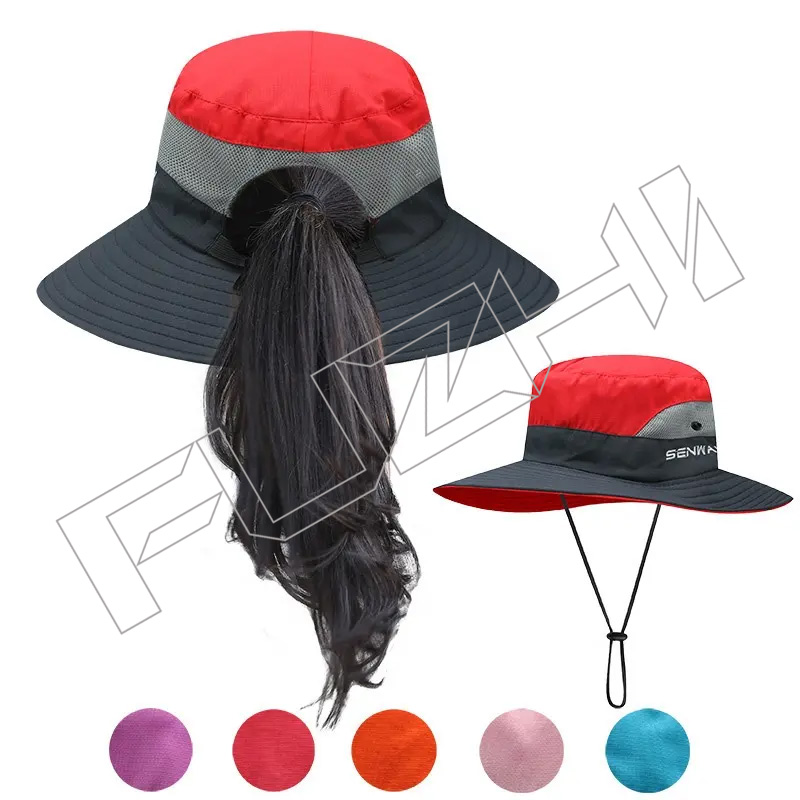 Sombrero de cubo de cola de caballo de malla de verano para mujer con ala ancha protección solar UV agujero pescador vaquero