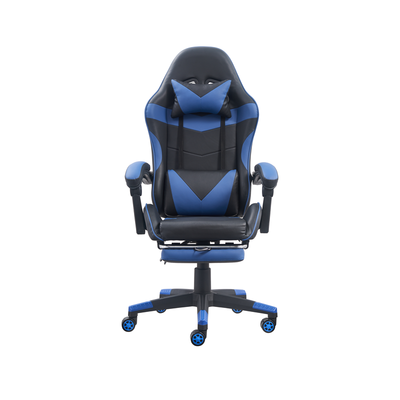Лучшее дешевое офисное синее и черное игровое кресло с откидной спинкой и подставкой для ног.