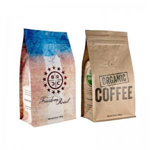 Eight-side sealing kraft paper flat bottom biodegradable coffee packaging Bottom Recyclable Gusset Bag