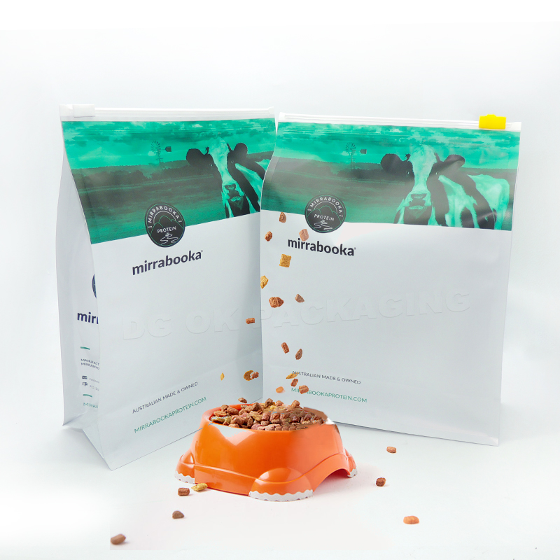 Bolsa de embalaje de alimentos para mascotas a prueba de humedad personalizada de 2,5 kg, 5 kg y 10 kg, bolsas de alimentos para mascotas de fondo plano con cremallera deslizante.