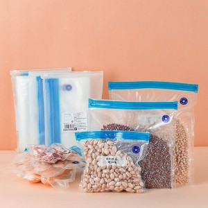 Bolsa de vacío de almacenamiento de alimentos con estampado de nailon transparente, reciclable, reutilizable, doble cremallera