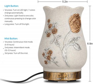 Getter Quiet difuzor eteričnog ulja, 200 ml Vintage vaza aromaterapijski difuzor s funkcijom automatskog isključivanja bez vode i 7-bojni LED difuzor za mijenjanje svjetla za eterična ulja, za dom, ured, jogu