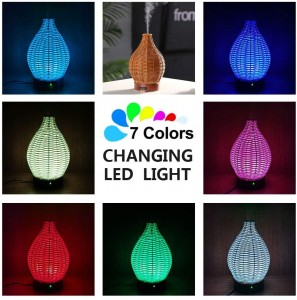 Essential Oil Diffusers, Rattan Ultrasonic Luftfugter Aromaterapi Diffuser med cool tåge og farveskiftende LED-lys Wicker Aroma Diffuser, Waterless Auto Off 100ml DC-8716