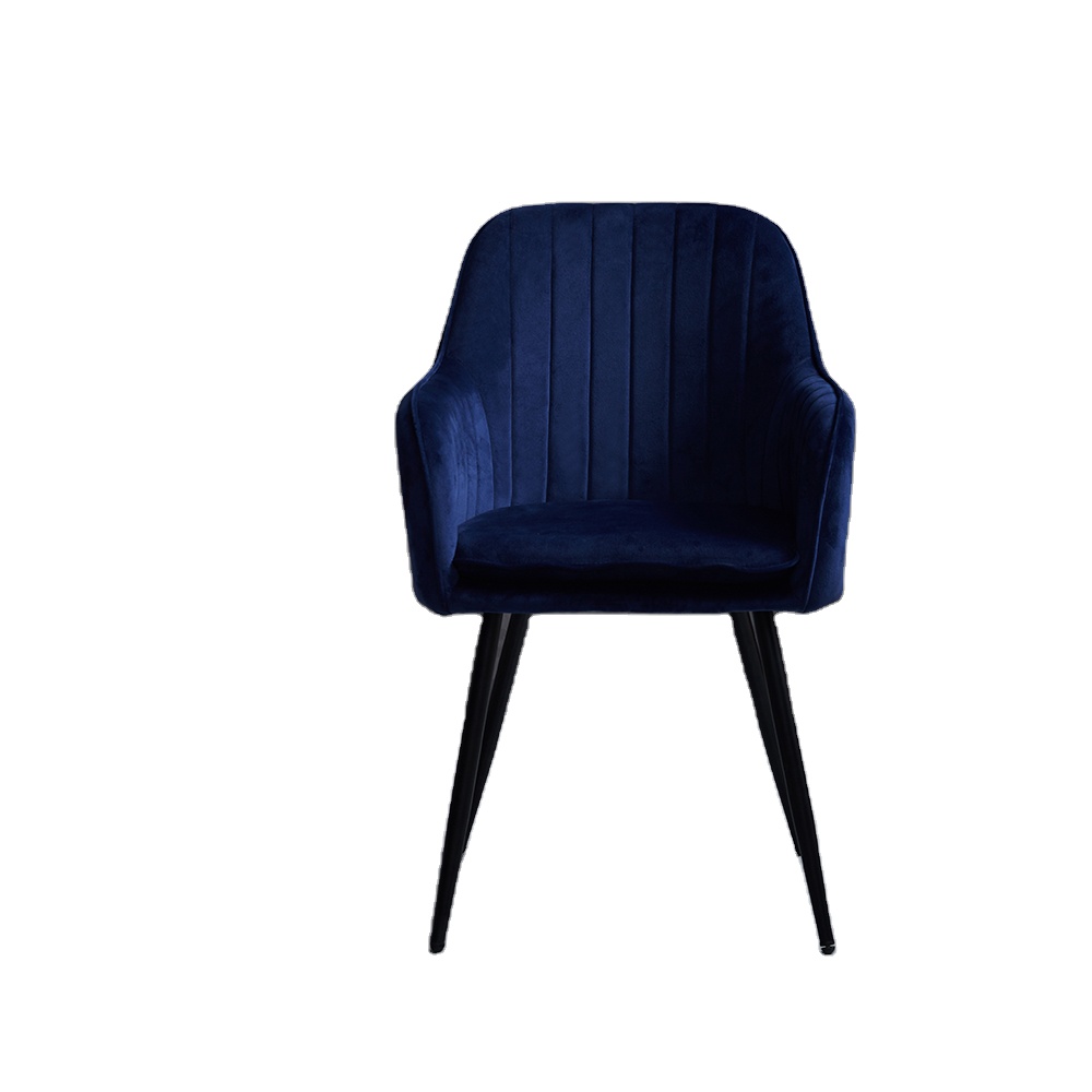 Luxury Design Nordic Blue Velvet Fabric High Back Black Metal  Legs Dining Chairs  Velvet Metal Dining Chairs With Armrest