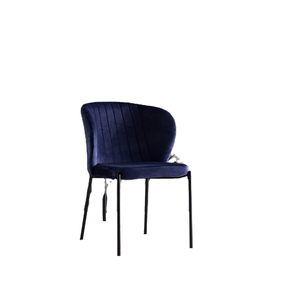 Nordic Design Dark Blue Velvet Fabric Upholstered Dining Chairs With Black Metal Legs