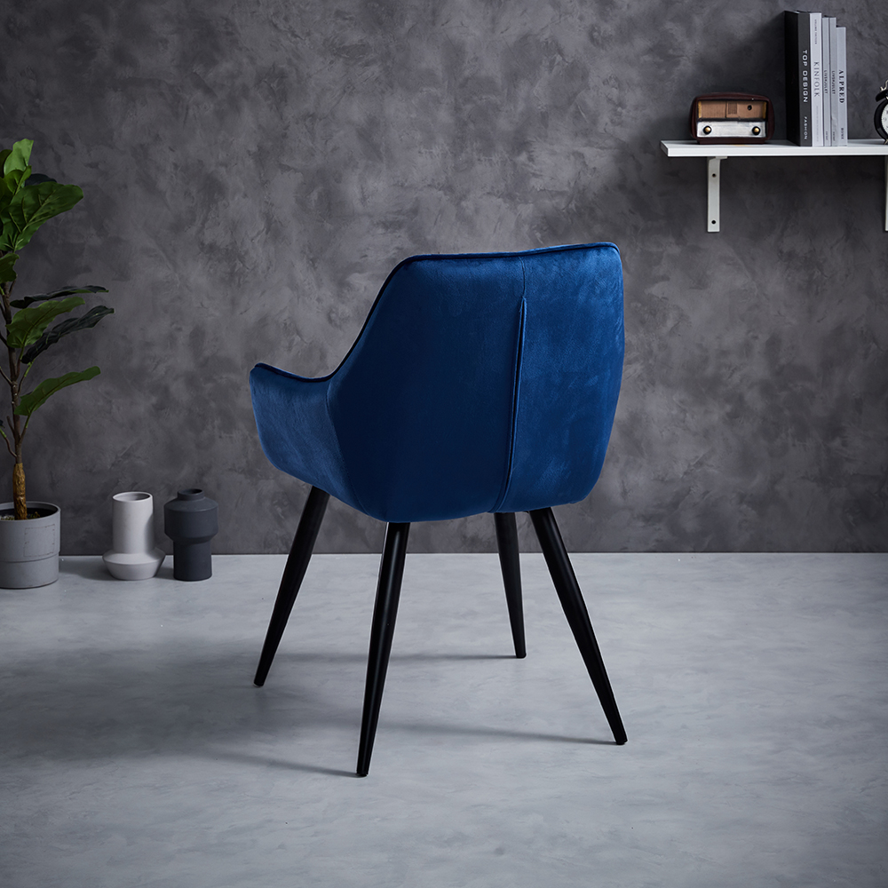 Best Sale Nordic Style Blue Velvet Fabric Black Metal Legs Dining Chairs Velvet Leisure Dining Chairs with Armrest
