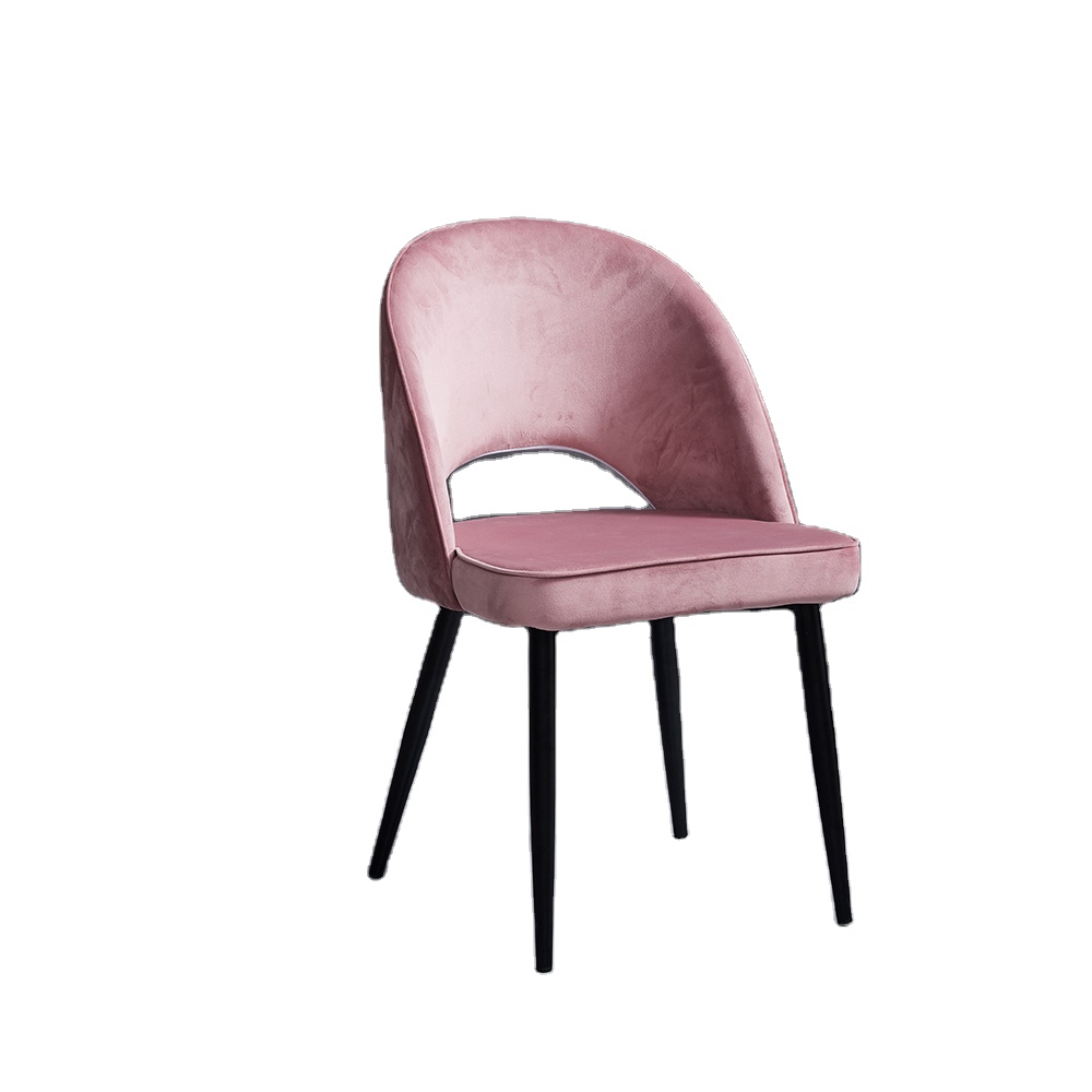 Factory Cheap Price Home Furniture Pink Velvet Fabric Hole Back Black Metal Legs Dining Chairs