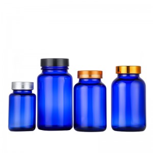 Vairumtirdzniecības zāļu pudele 86 ml 110 ml OEM zilas krāsas plaša mutes vitamīnu stikla pudeles