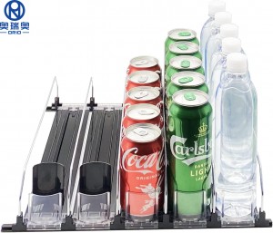Plastmasas ledusskapja organizatora komplekts dzērienu organizētājs ledusskapja plauktu bīdāmo rullīšu plauktu sistēmai pudelēs pildītiem dzērieniem