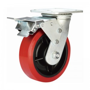 Zgornja plošča z dvojnim krogličnim ležajem za težke obremenitve, vrtljivo/togo rdeče PU kolesce (cinkano)