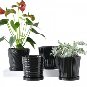 Schwarzer 6-Zoll-Blumentopf aus Keramik mit Drainagelöchern