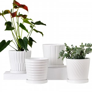 White Drain Hole Ceramic Plant Pot Indoor Planter With Saucer