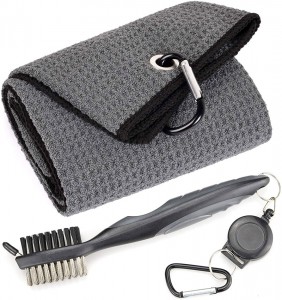 Toalha de golfe para sacos de golfe com clipe, toalha de microfibra com três dobras padrão waffle com escova de limpeza cabo de extensão retrátil, golfe