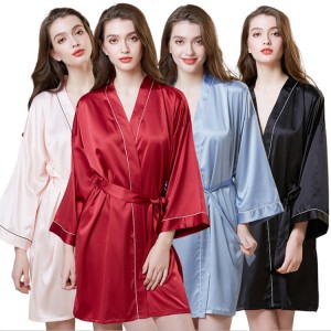 Nightgown Satin Solid Color Bandage Cardigan