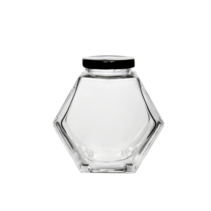 280ml Vertical Crassitudo Sex-Saxa Flat Hexagonal 9.5oz stantis Glass Mel Cell Jar Cum Twist-Off Lid