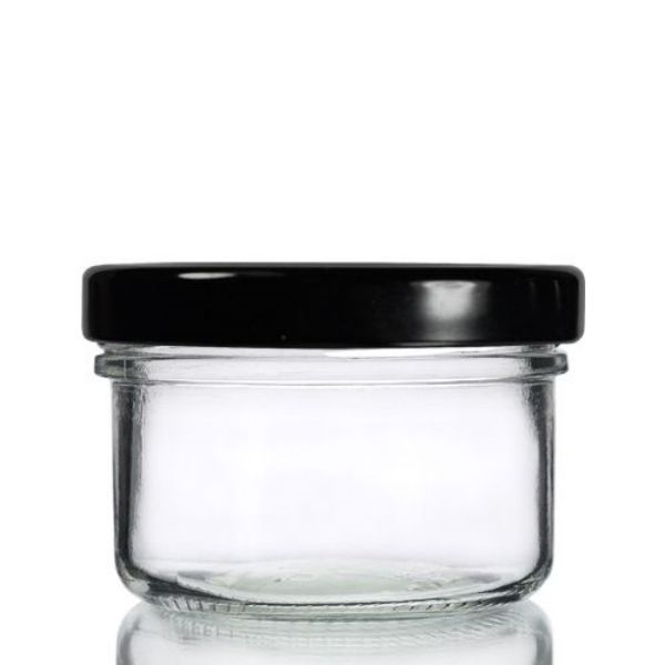 41 ml prozoren stekleni kozarec za mazilo in črni pokrovček iz sečnine