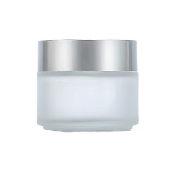 Tarro de crema cosmético recargable de vidro esmerilado con tapa de alumita prateada
