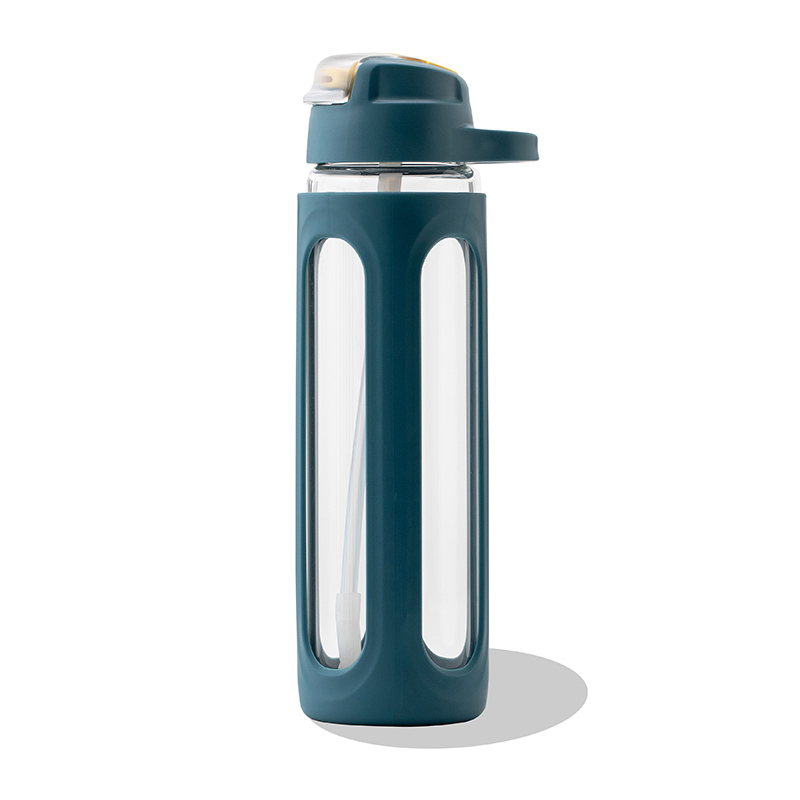GOX Glaswasserflasche mit Deckel, Strohhalm und Schutzhülle