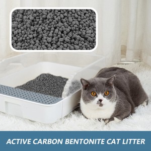 Littera per gatti in bentonite per u cuntrollu di l'odori à alta assorbimentu di carbone attivu