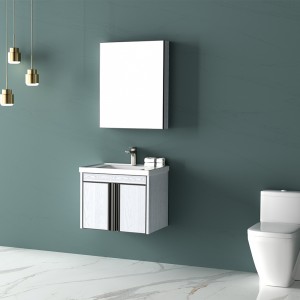 Stilig baderomsservant med vask, et baderomsskap med speil og baderomsveggskap