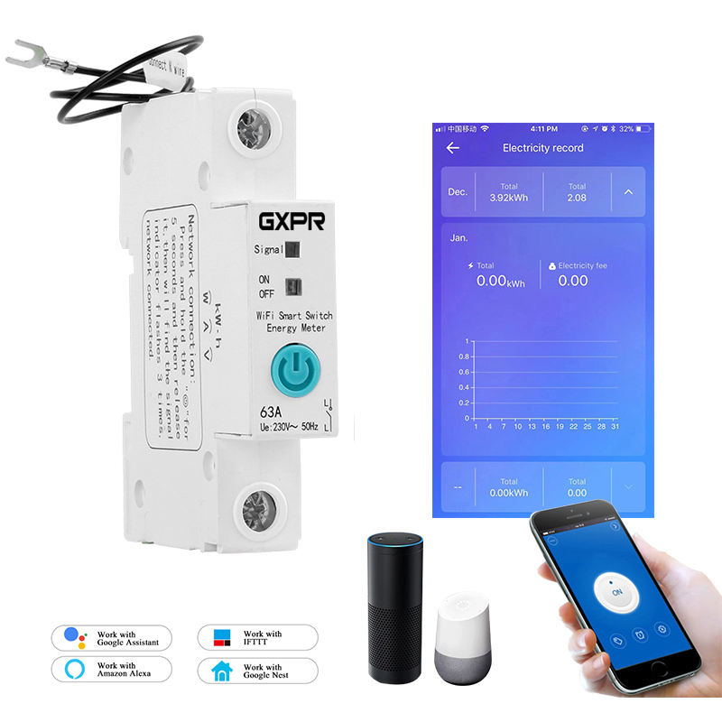 GXPR Wholesale Ewelink 1P WiFi Smart Power Monitoring Circuit Breaker Short-circuit and Leakage Protection 1- 63A wifi MCB