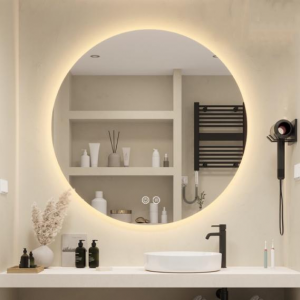 ခေတ်မီအိမ်အလှဆင်သည့်အဝိုင်း Touch Screen ရေစိုခံ Defogger ဟိုတယ်ရေချိုးခန်းစီမံကိန်းအတွက် Led မီးဖြင့် Dimmable Backlit Mirror