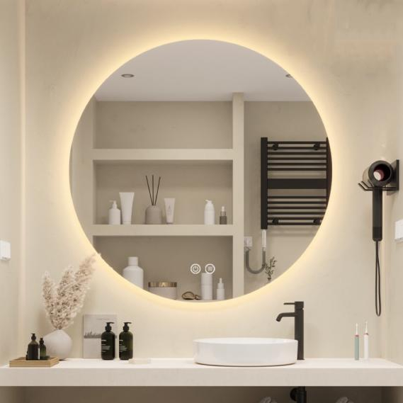 Modernus namų dekoro apvalus jutiklinis ekranas, atsparus vandeniui rūko šalintuvas, pritemdomas apšviestas veidrodis su LED apšvietimu, skirtas viešbučio vonios kambario projektui.