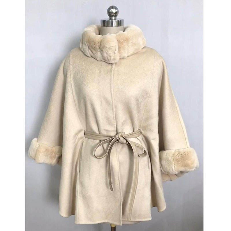 2022 novum style Lupum Real Rex Rabbit Fur Collar Winter Belted Cashmere Wool Clothes for Ladies and Women Trench Coat