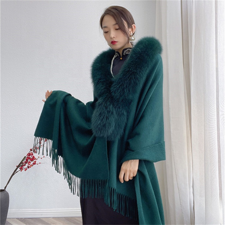 HG7087 Winter Warm Mantella di lana di cachemire personalizzata per donna capelli lunghi tagliati in pelliccia di volpe Wrap donne scialle di vera pelliccia