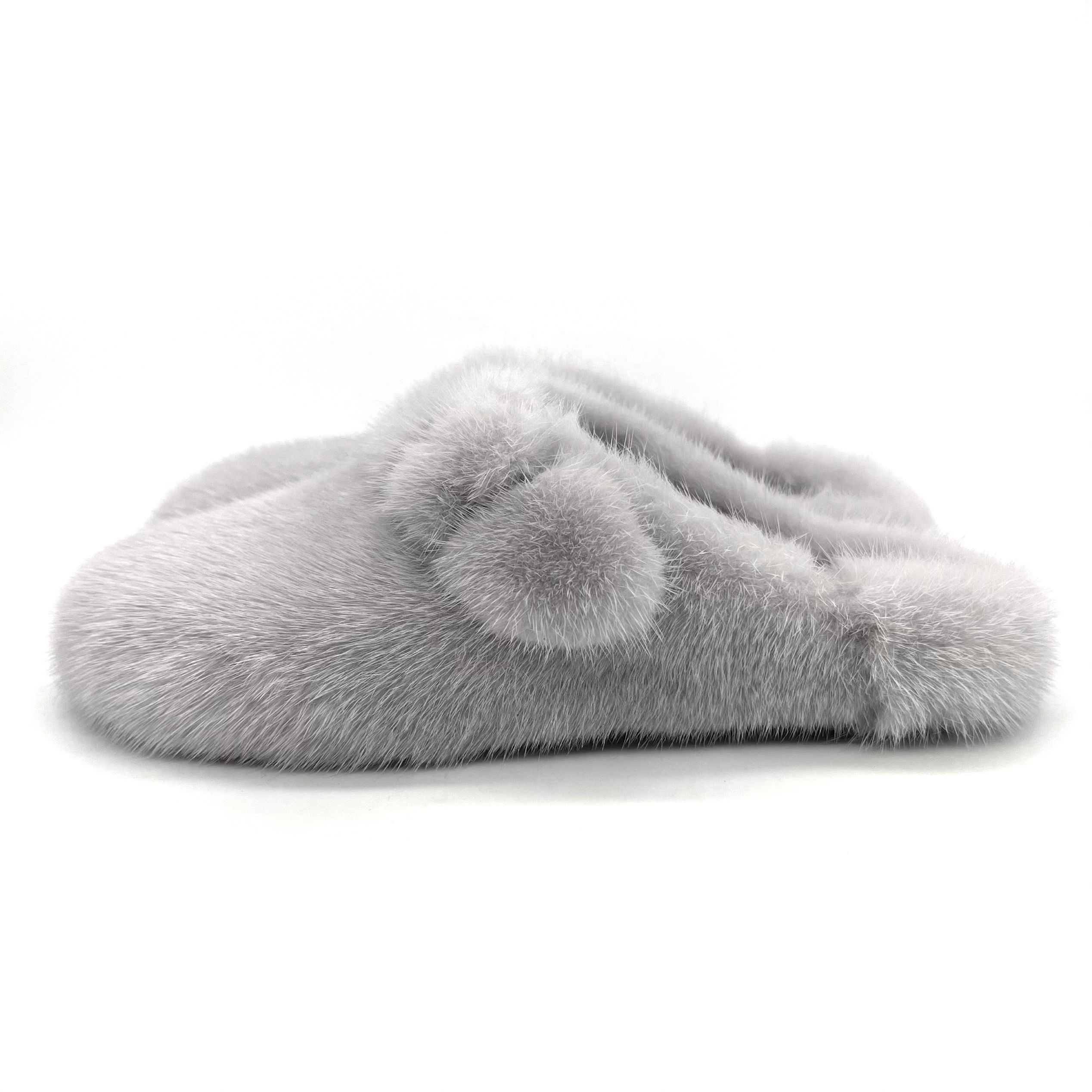 HT1129 Fashion Winter Warm Fluffy Faux Mink Mules Flat Slides Fèmen zòtèy Loafers Andedan kay deyò Pantouf fouri pou fanm