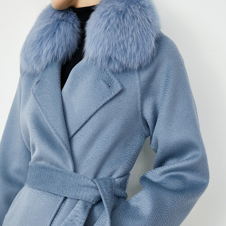 Handmade Women Wool Coat Cashmere Wool Double Sided Wool Overcoat Warm Winter Real Fox Fur Collar Women Coat Cashmere