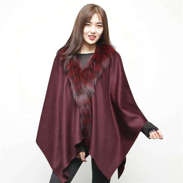 ຂາຍສົ່ງລະດູຫນາວທີ່ອົບອຸ່ນ Custom cashmere wool ຂະຫນາດຂະຫນາດໃຫຍ່ຫນາເຕັມຮູບແບບ Finland Real Fox Fur Lady Cape Women fur shawl