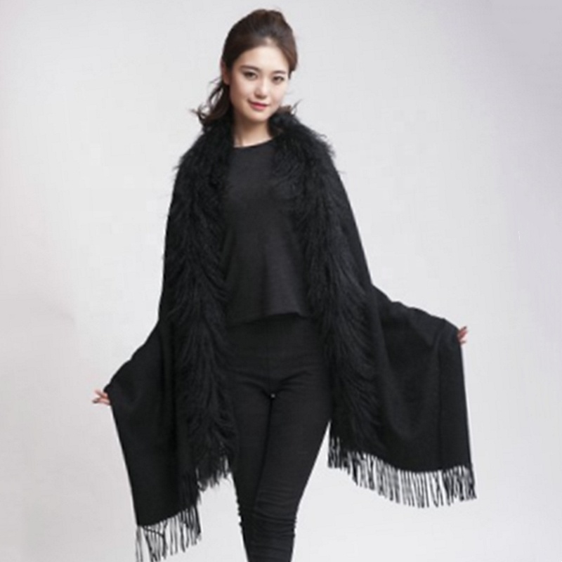 තොග කාන්තා ශීත උණුසුම් අභිරුචි තැනිතලා Pashmina lady cape wool real fox fur trim collar women fur shawl