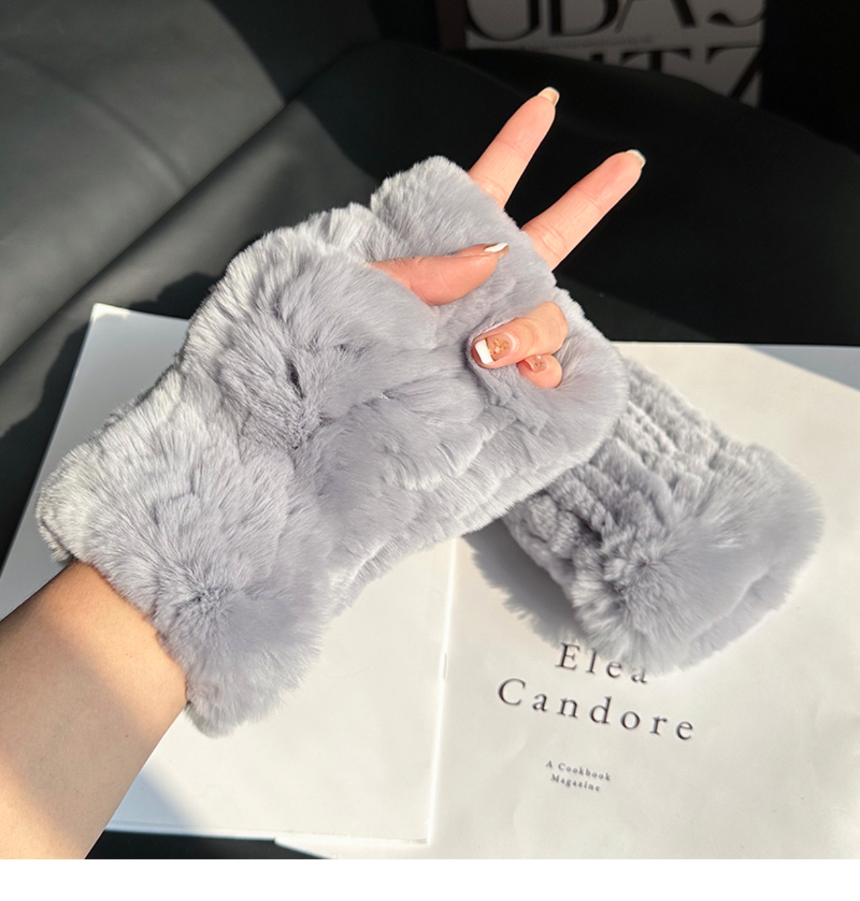 Custom na Fashion Plush Luxury Winter Knit Fur Hand Warmer Mittens Real REX RABBIT Fur Fingerless Gloves Para sa Babaeng Babae