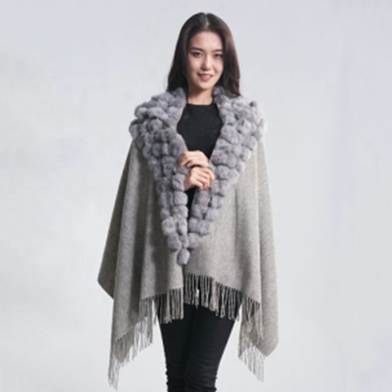 Wholesale Women Winter Warm Custom cashmere wool Real Rex rabbit trim pom lady long size pashmina scarf women fur shawls