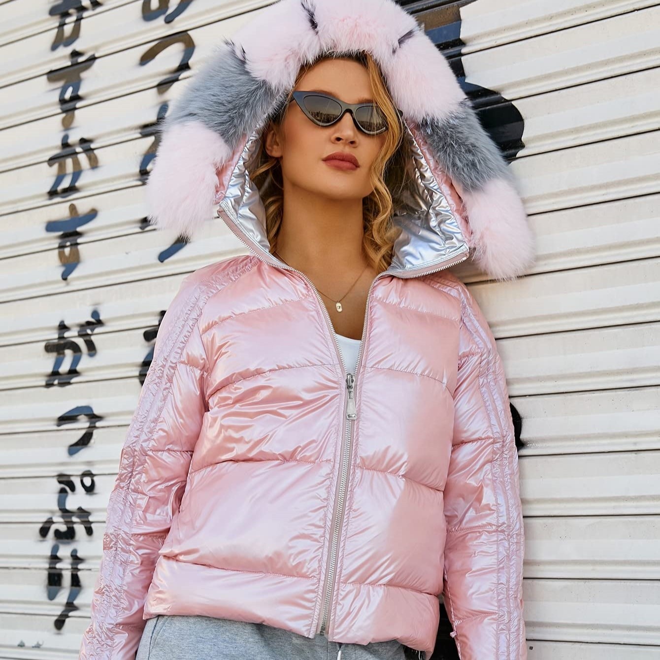 HG7461 Wholesale Winter Custom Women Hooded Zipper Down Jacket Fox fur Pambabaeng Down Coats Outwear
