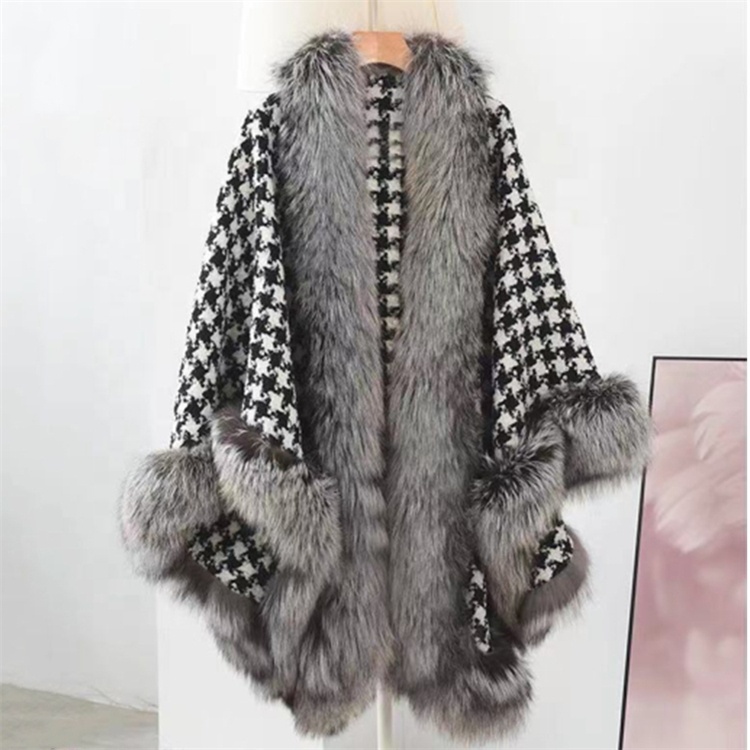 CUSTOM Warm wool big size lady cape fluffy wrap cape Genuine Plaid long hair winter women Faux fur shawl