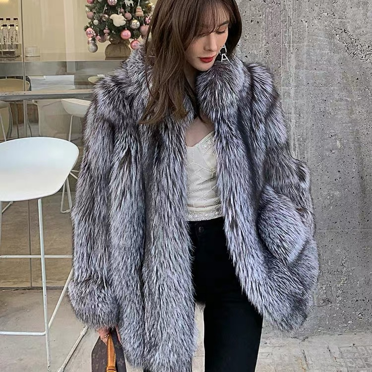 HG7365Real Natural Fox Fur Jacket ezüst róka bunda női orosz bunda