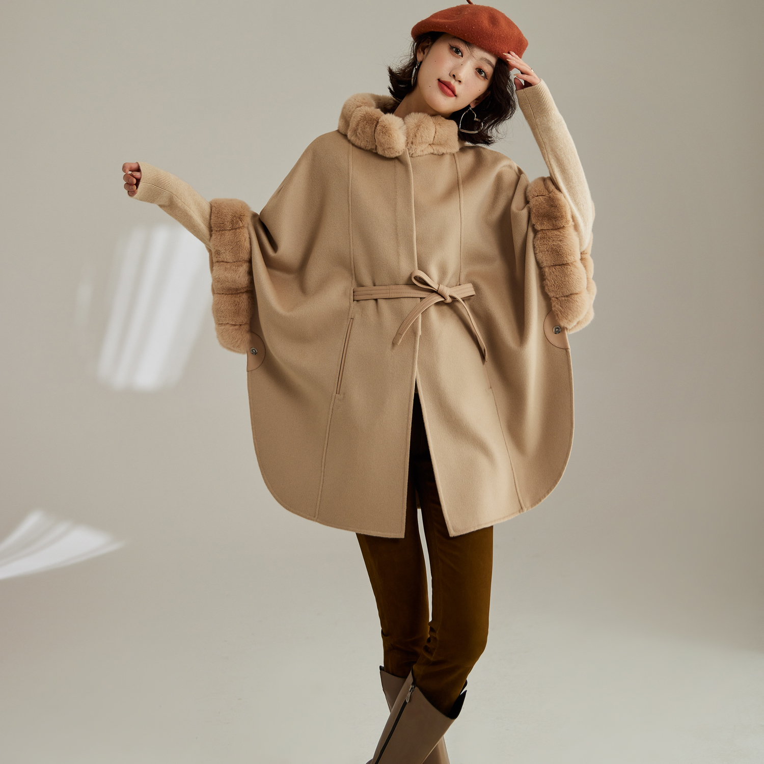 HG7296 Rex Rabbit Fur Collar Winter Belted Cashmere Wool Clothes for Ladies and Women Trench Coat
