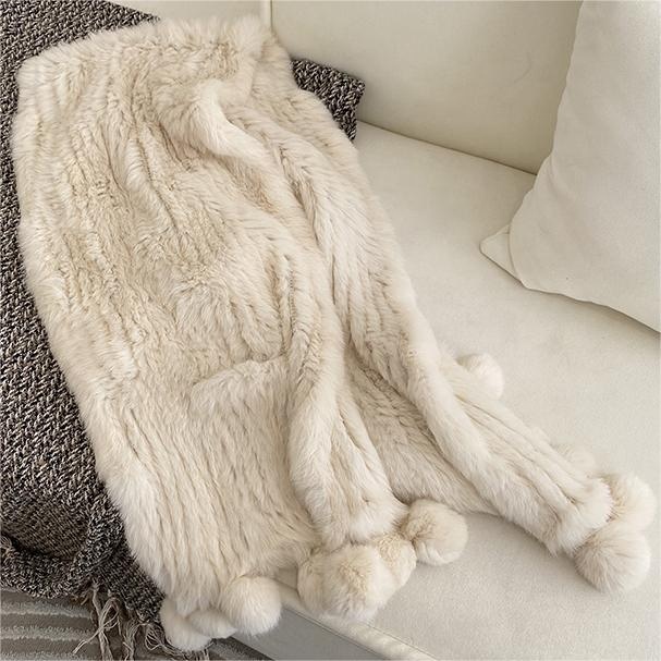 designer specialstrikket kaninpels sjal med pom ægte pelstørklæder til kvinder pels sjaler