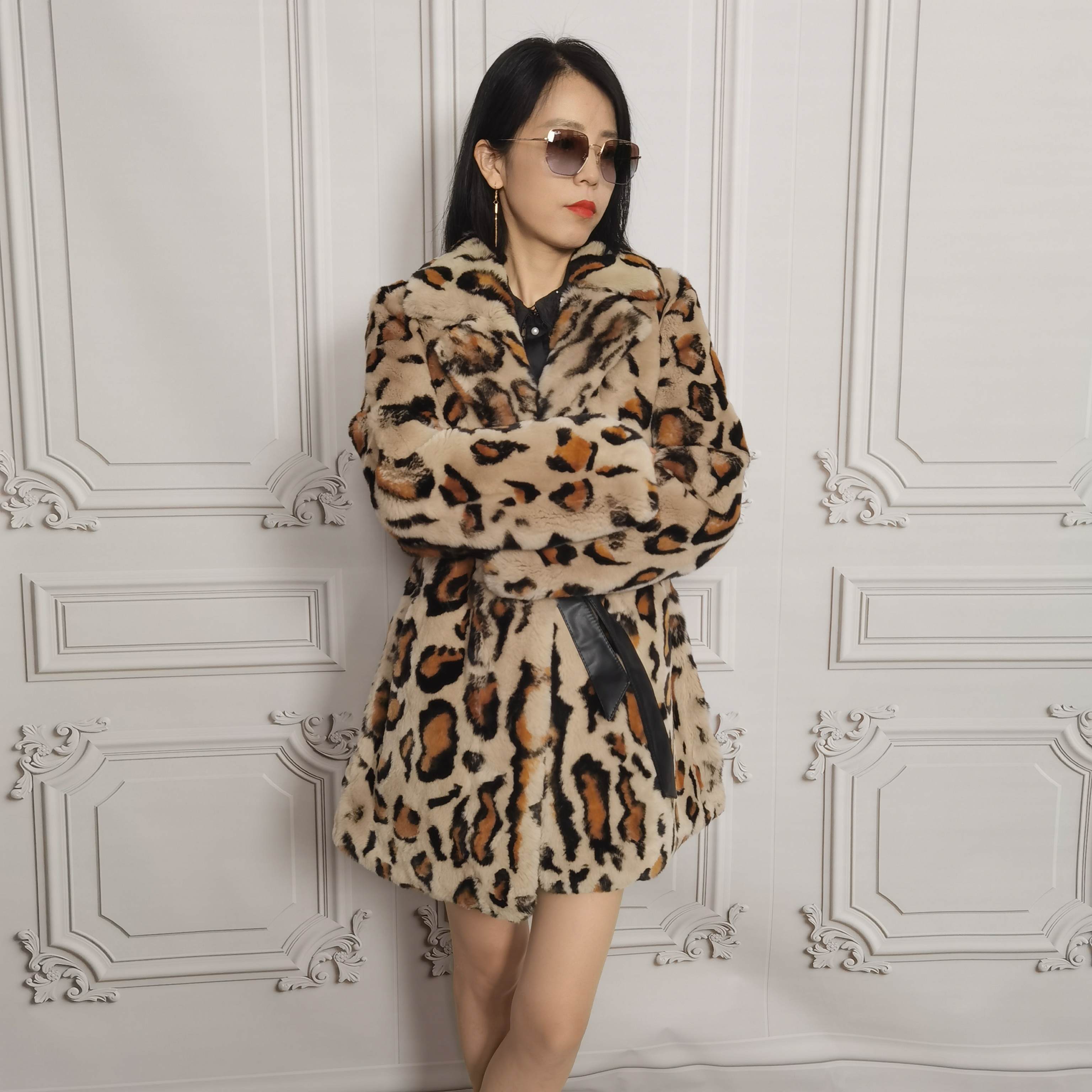 Winter Chinchilla Lady's Rabbit Fur Coats Custom Make Women Real Rex Rabbit Fur Leopard Jacket
