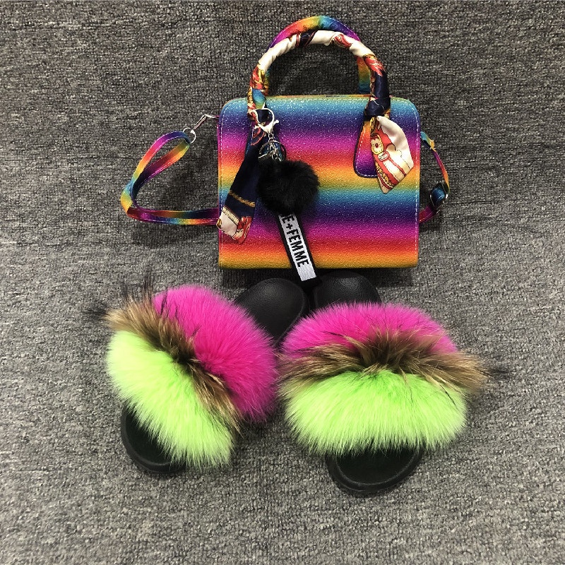 borsa colorata con logo personalizzato borsa in gelatina e ciabatte in pelliccia pantofole da donna in vera pelliccia di volpe pantofole in pelliccia alla moda